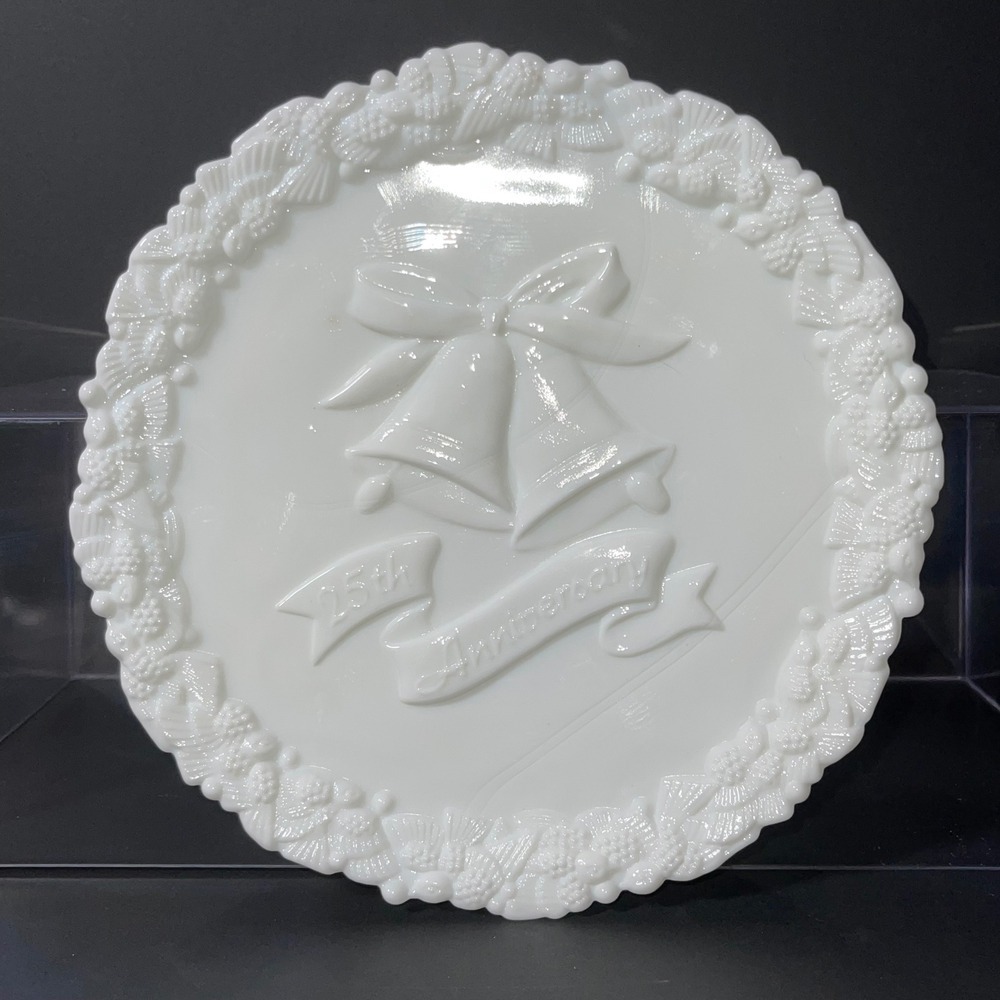 Fenton Milk Glass 25th Anniversary Plate Wedding Bells Embossed White Opaque